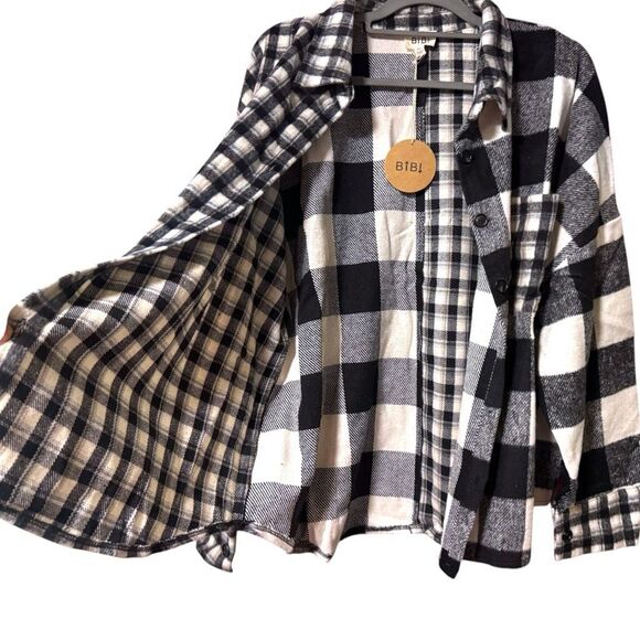 BiBi Black & White Plaid Fleece Button Down Long Sleeve Shirt Size XL NWT - Picture 5 of 13